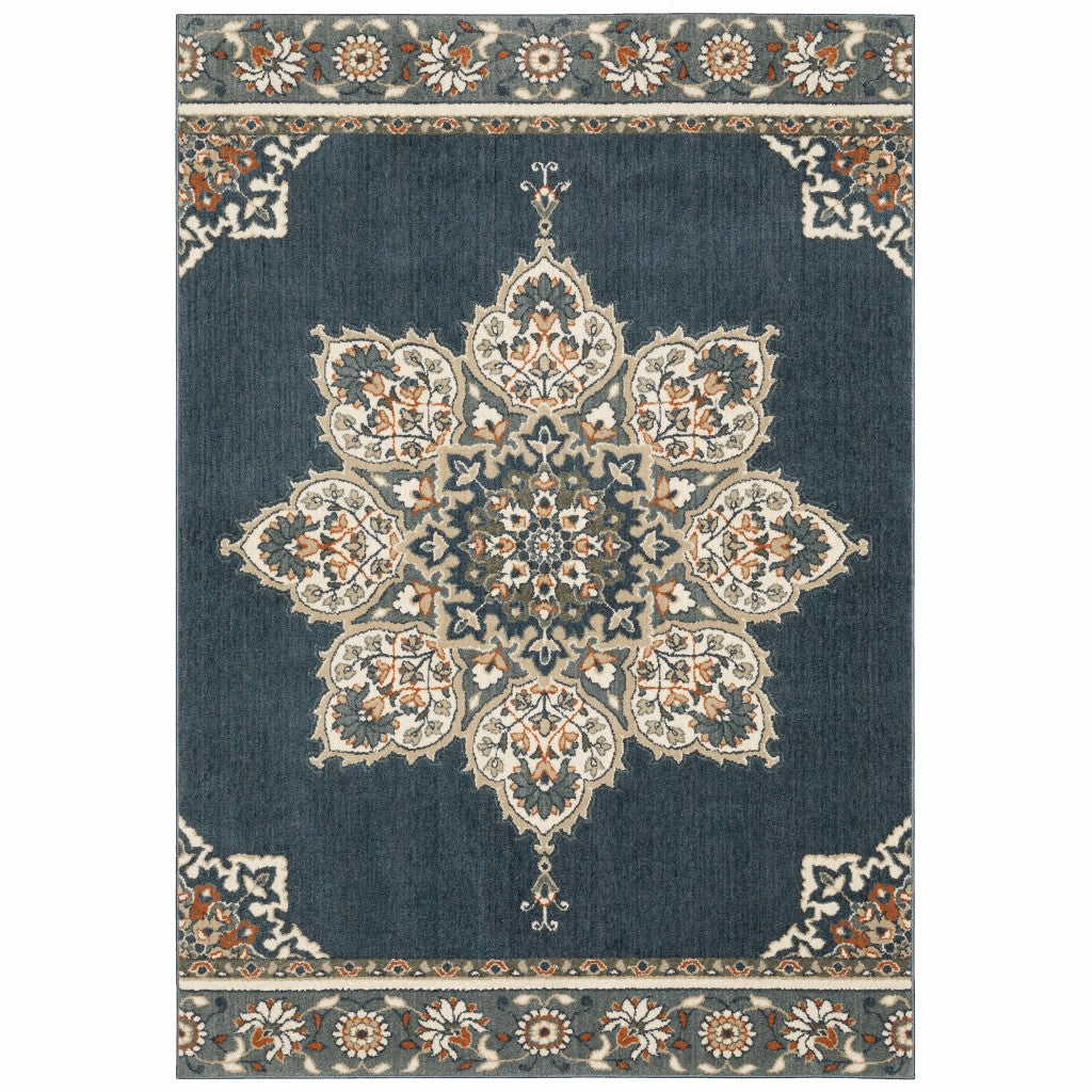 2' X 7' Blue And Beige Floral Medallion Indoor Runner Rug