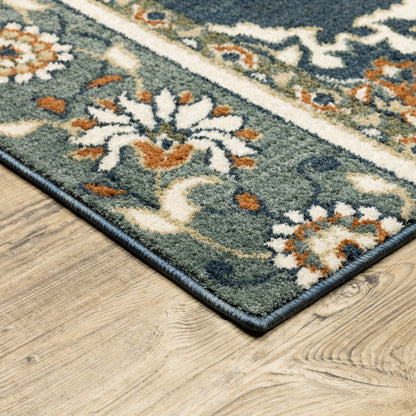 2' X 7' Blue And Beige Floral Medallion Indoor Runner Rug