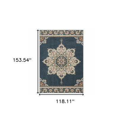 2' X 7' Blue And Beige Floral Medallion Indoor Runner Rug