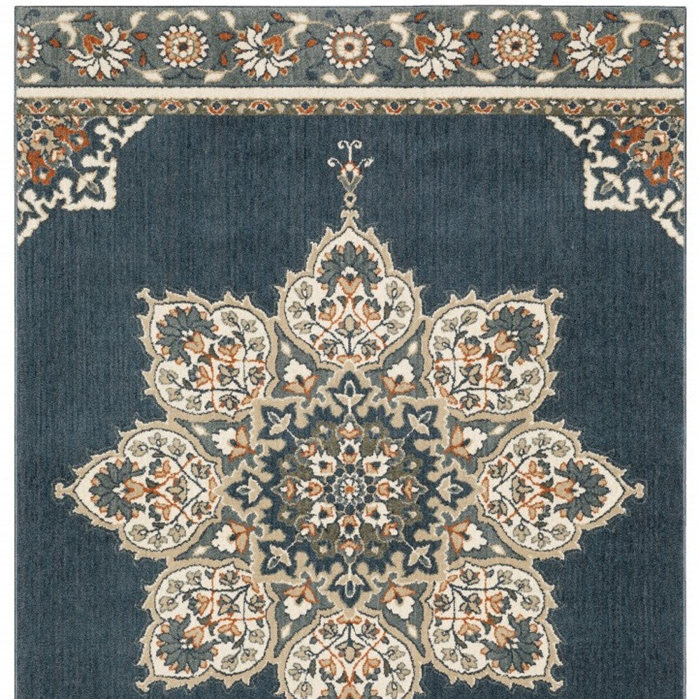 2' X 7' Blue And Beige Floral Medallion Indoor Runner Rug