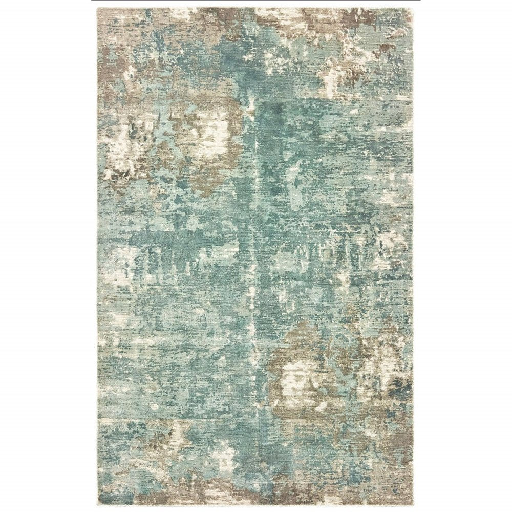 10' X 14' Blue And Gray Abstract Hand Loomed Distressed Area Rug