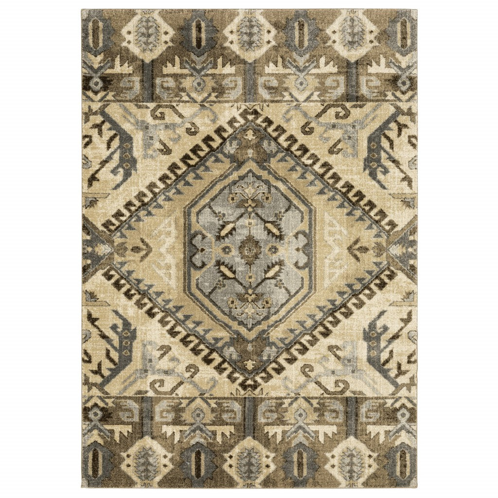 2' X 8' Tan And Gold Central Medallion Indoor Runner Rug