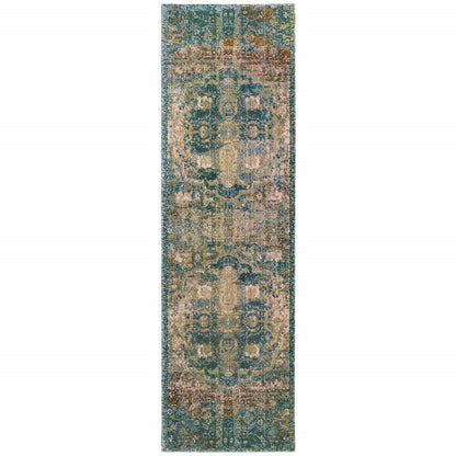 8' X 11' Sand And Blue Distressed Indoor Area Rug