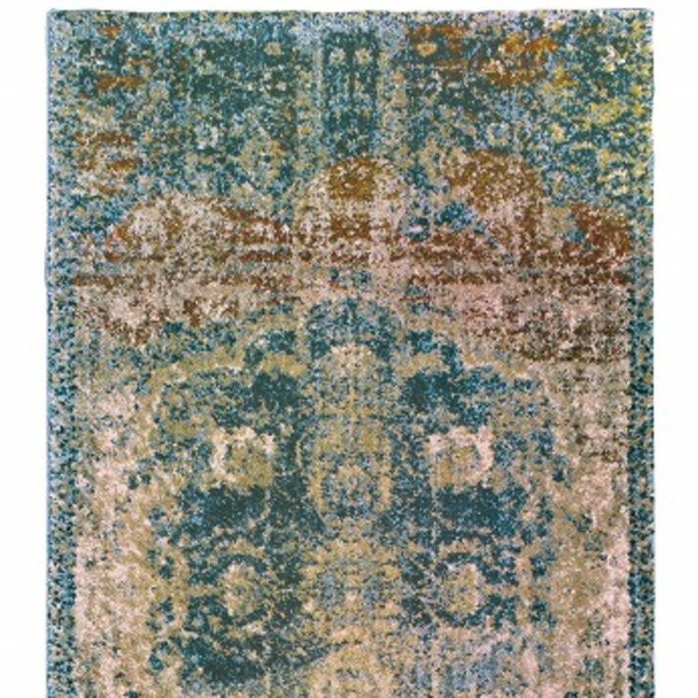 8' X 11' Sand And Blue Distressed Indoor Area Rug