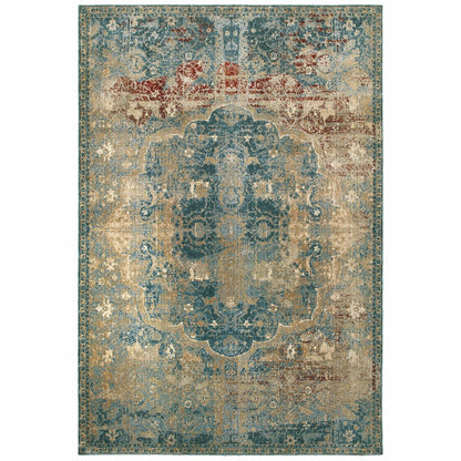 8' X 11' Sand And Blue Distressed Indoor Area Rug