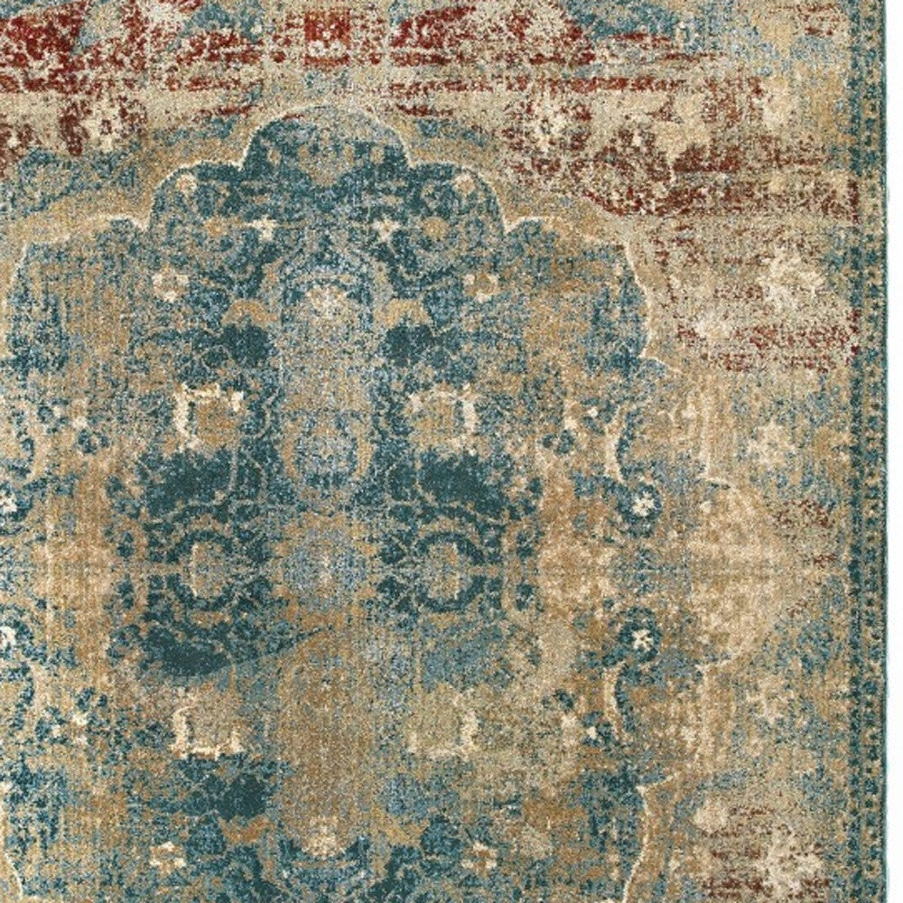 8' X 11' Sand And Blue Distressed Indoor Area Rug