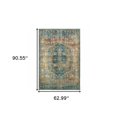 8' X 11' Sand And Blue Distressed Indoor Area Rug