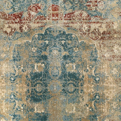 8' X 11' Sand And Blue Distressed Indoor Area Rug