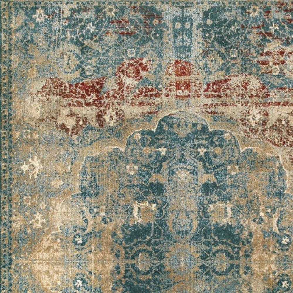 8' X 11' Sand And Blue Distressed Indoor Area Rug