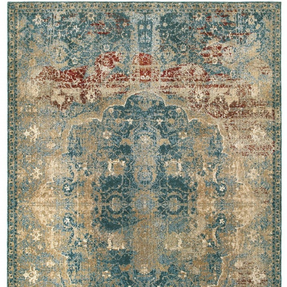 8' X 11' Sand And Blue Distressed Indoor Area Rug