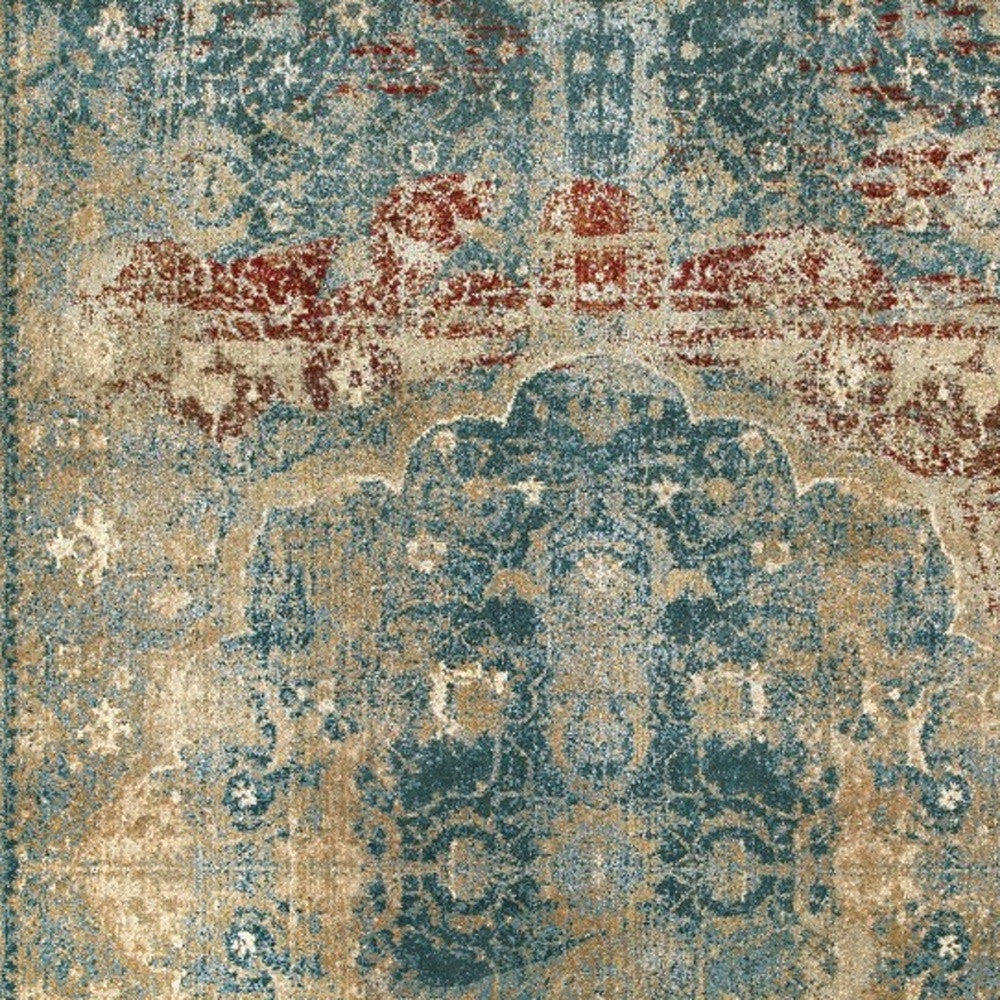 8' X 11' Sand And Blue Distressed Indoor Area Rug