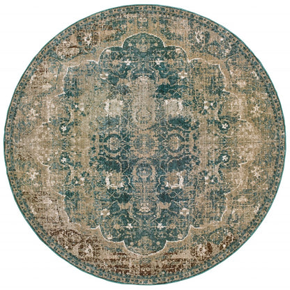 8' X 11' Sand And Blue Distressed Indoor Area Rug