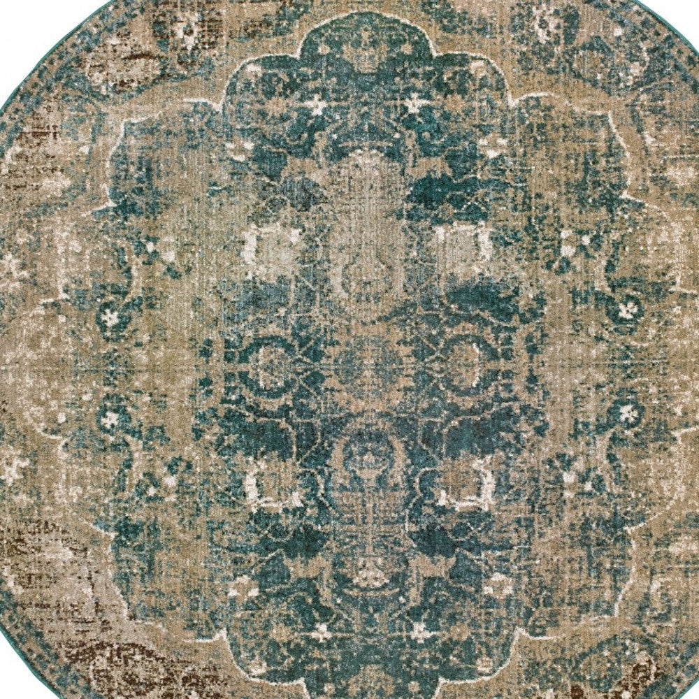 8' X 11' Sand And Blue Distressed Indoor Area Rug