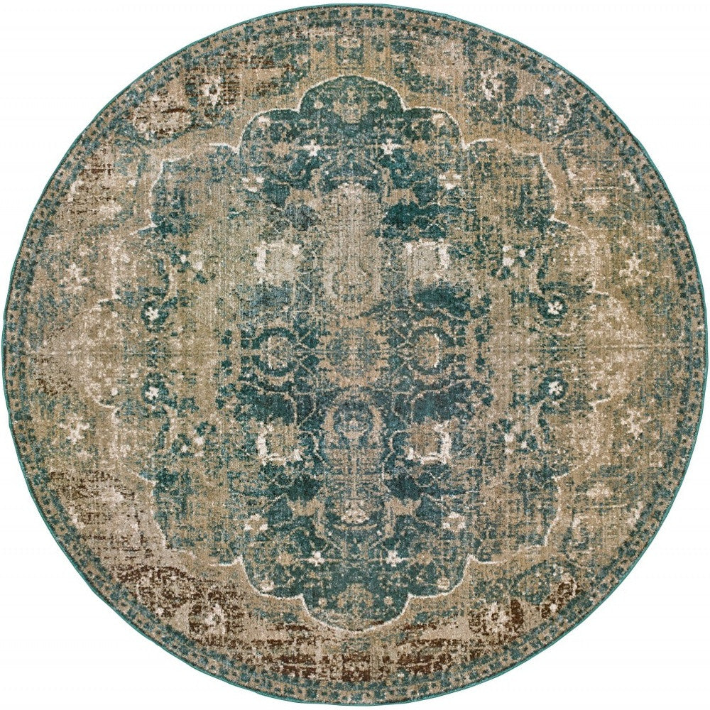 8' X 11' Sand And Blue Distressed Indoor Area Rug