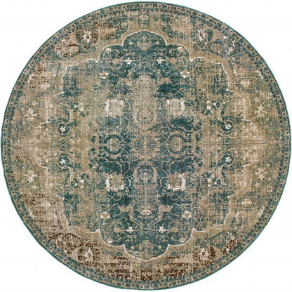 8' X 11' Sand And Blue Distressed Indoor Area Rug