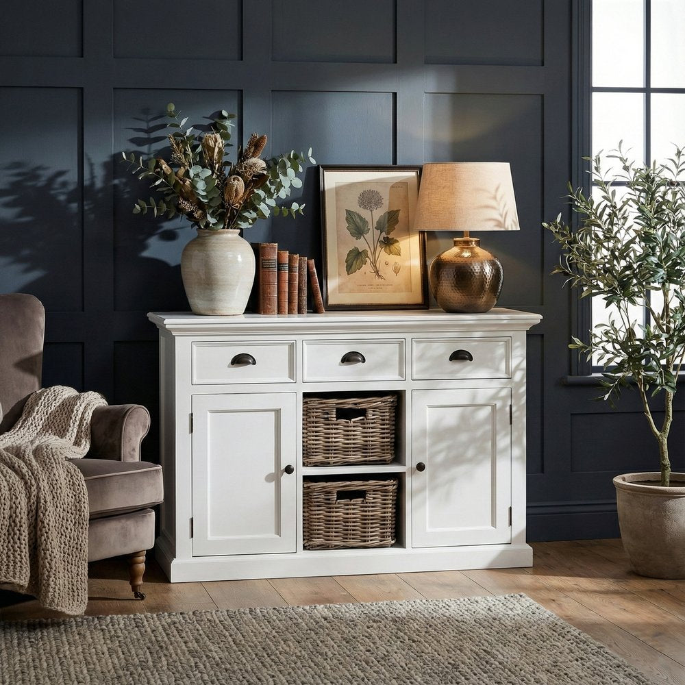 49" White Wood Three Drawer Sideboard with Two Doors