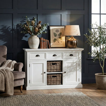 49" White Wood Three Drawer Sideboard with Two Doors