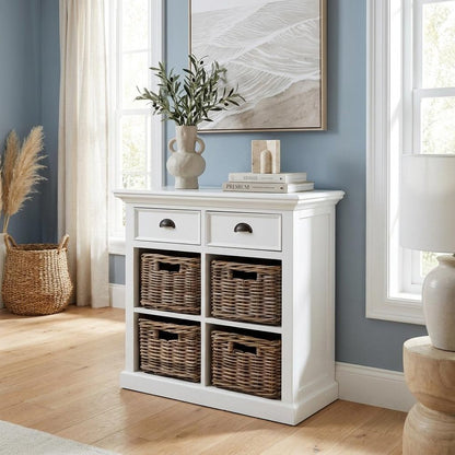 35" White Accent Cabinet With Two Drawers and Baskets