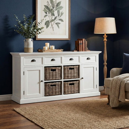 63" White Solid Wood Four Drawer Sideboard with Two Doors