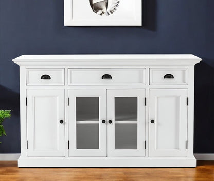 57" White Solid Wood Three Drawer Sideboard with Four Glass Doors