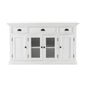 57" White Solid Wood Three Drawer Sideboard with Four Glass Doors