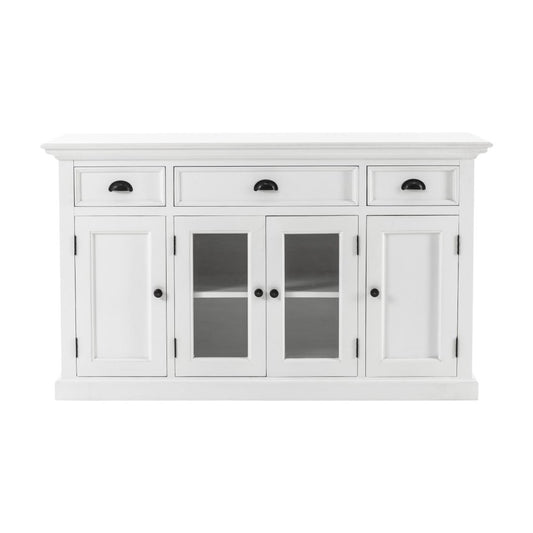 57" White Solid Wood Three Drawer Sideboard with Four Glass Doors