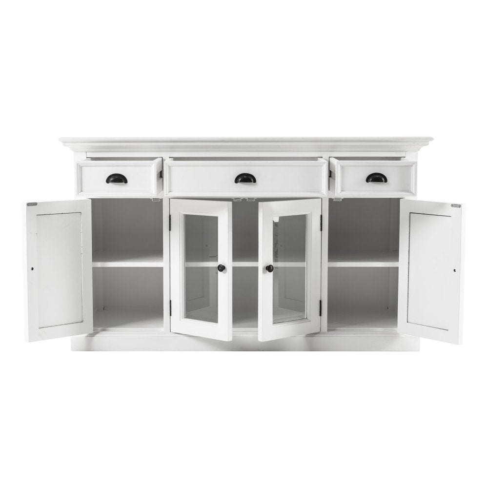 57" White Solid Wood Three Drawer Sideboard with Four Glass Doors