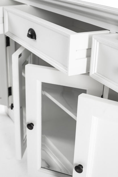 57" White Solid Wood Three Drawer Sideboard with Four Glass Doors