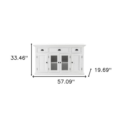 57" White Solid Wood Three Drawer Sideboard with Four Glass Doors