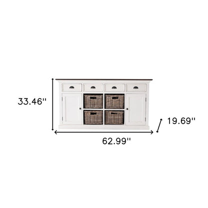 63" Brown And White Distressed Solid Wood Sideboard With Baskets