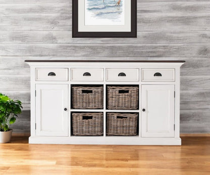 63" Brown And White Distressed Solid Wood Sideboard With Baskets