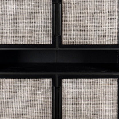 51" Black And Natural Wood And Rattan Accent Cabinet