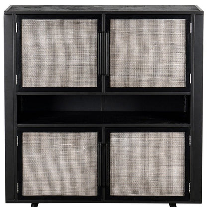 51" Black And Natural Wood And Rattan Accent Cabinet