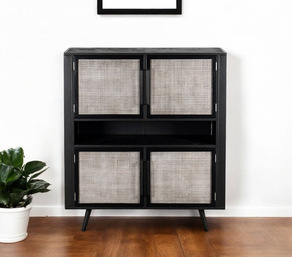 51" Black And Natural Wood And Rattan Accent Cabinet
