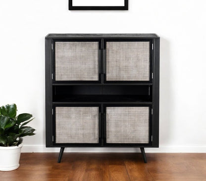 51" Black And Natural Wood And Rattan Accent Cabinet