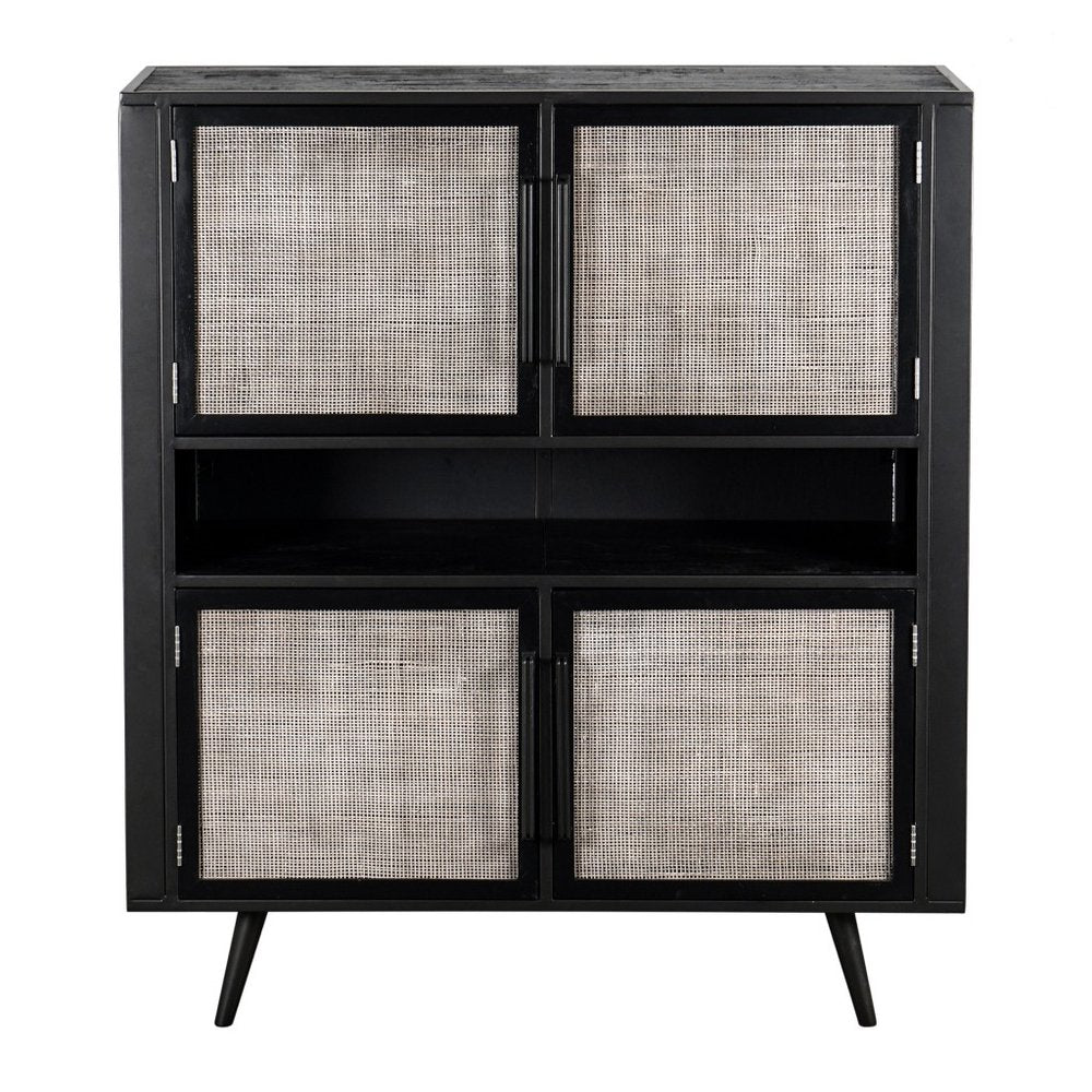 51" Black And Natural Wood And Rattan Accent Cabinet