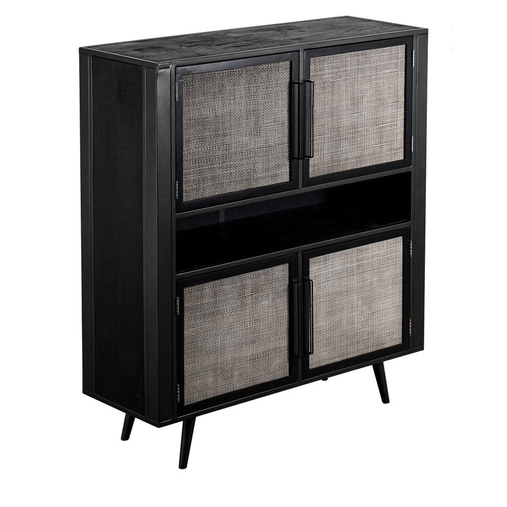 51" Black And Natural Wood And Rattan Accent Cabinet