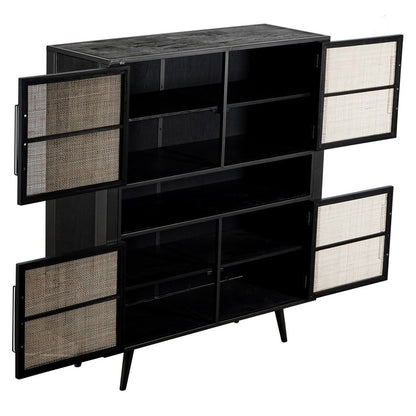 51" Black And Natural Wood And Rattan Accent Cabinet