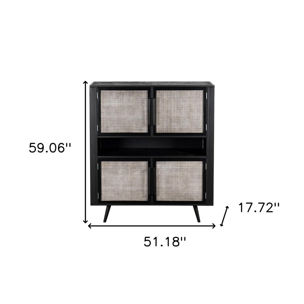 51" Black And Natural Wood And Rattan Accent Cabinet