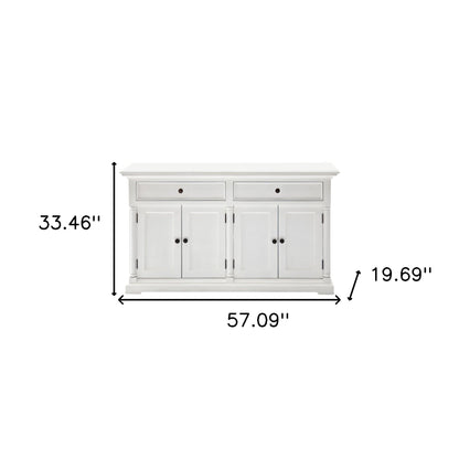 57" White Solid Wood Two Drawer Sideboard with Four Doors