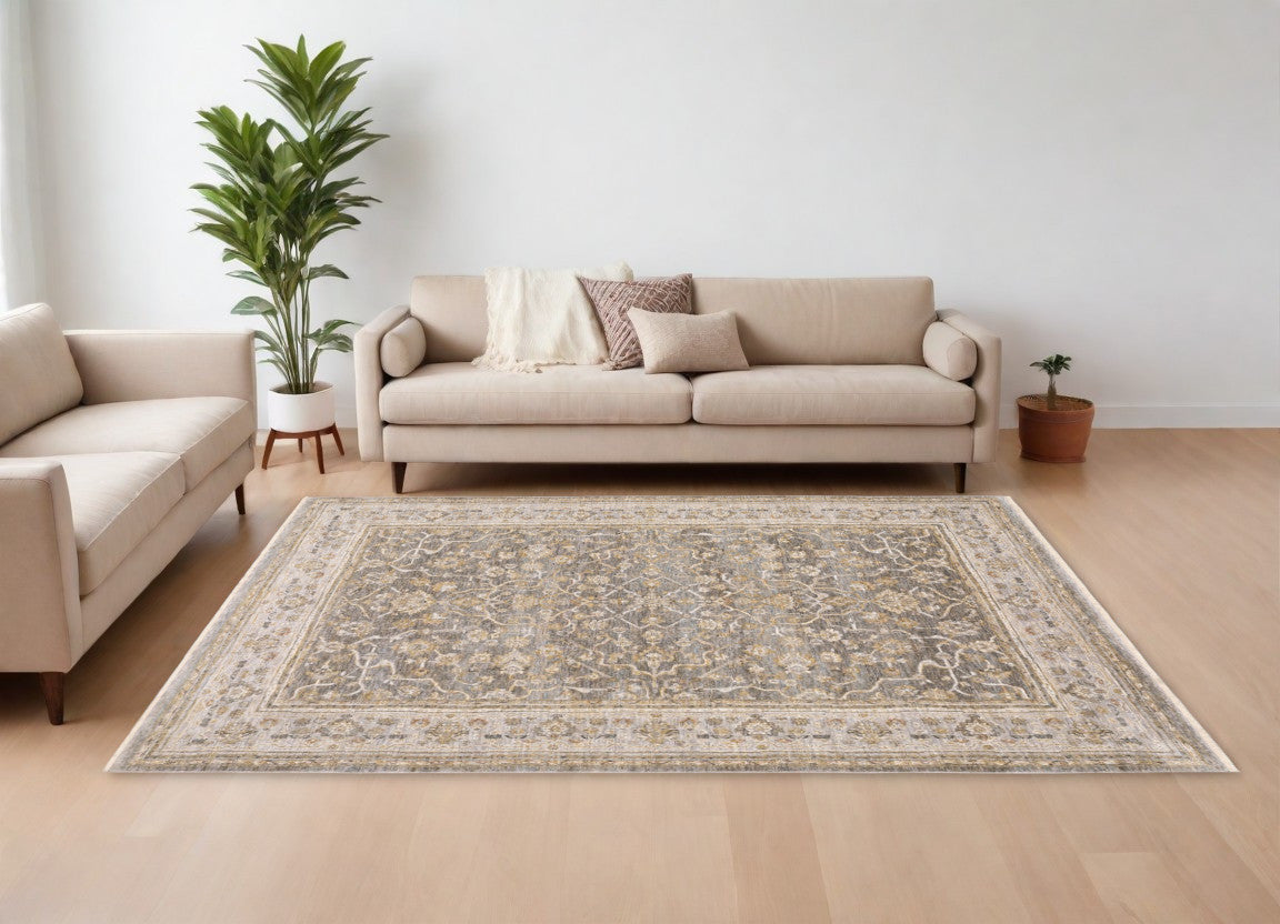 9' X 12' Beige Grey Machine Woven Oriental Indoor Arean Rug