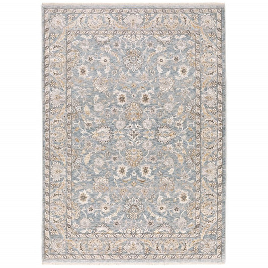 8' Blue Ivory Machine Woven Floral Oriental Indoor Runner