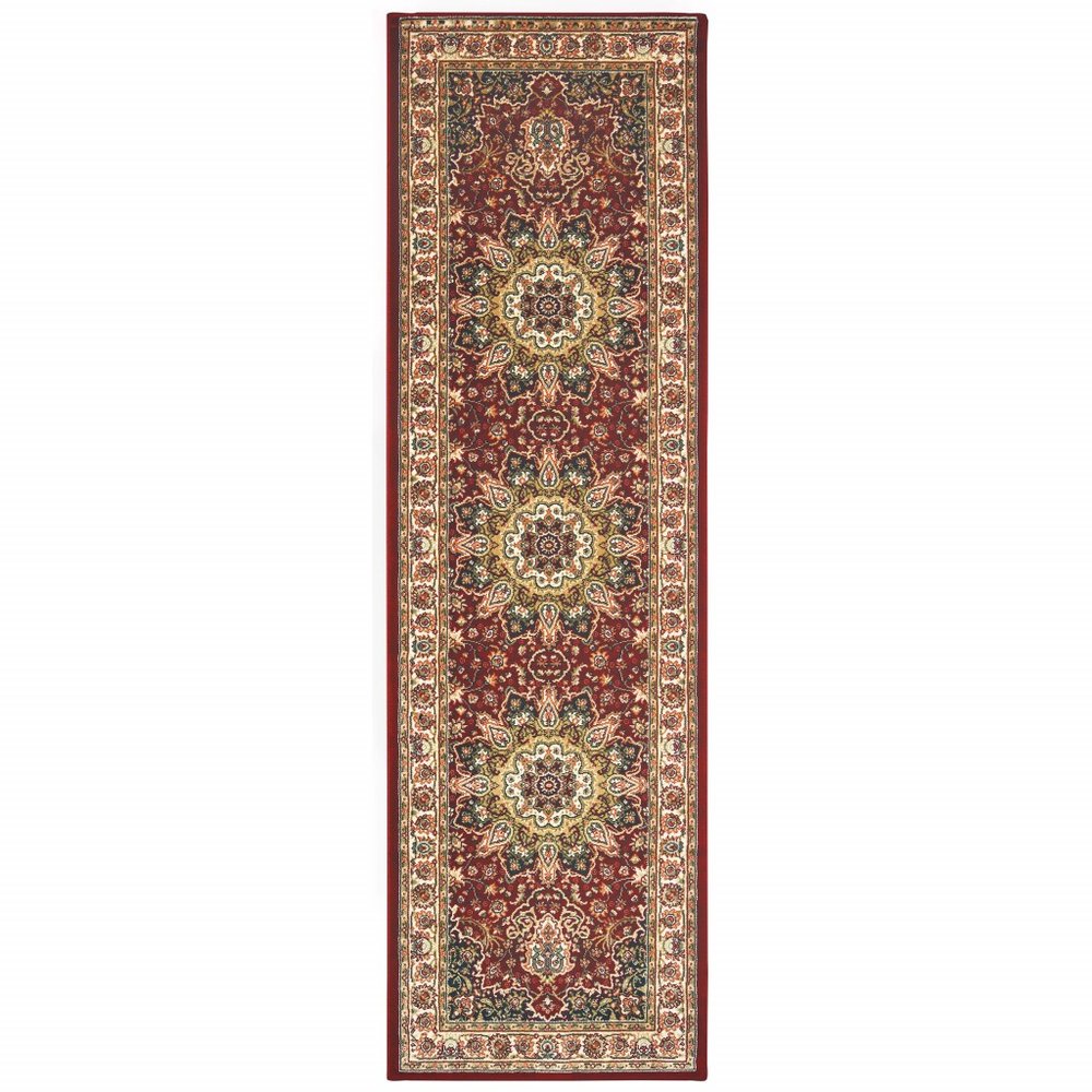 8' Red And Ivory Runner Rug
