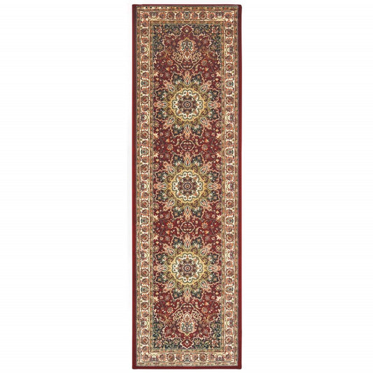 8' Red And Ivory Runner Rug