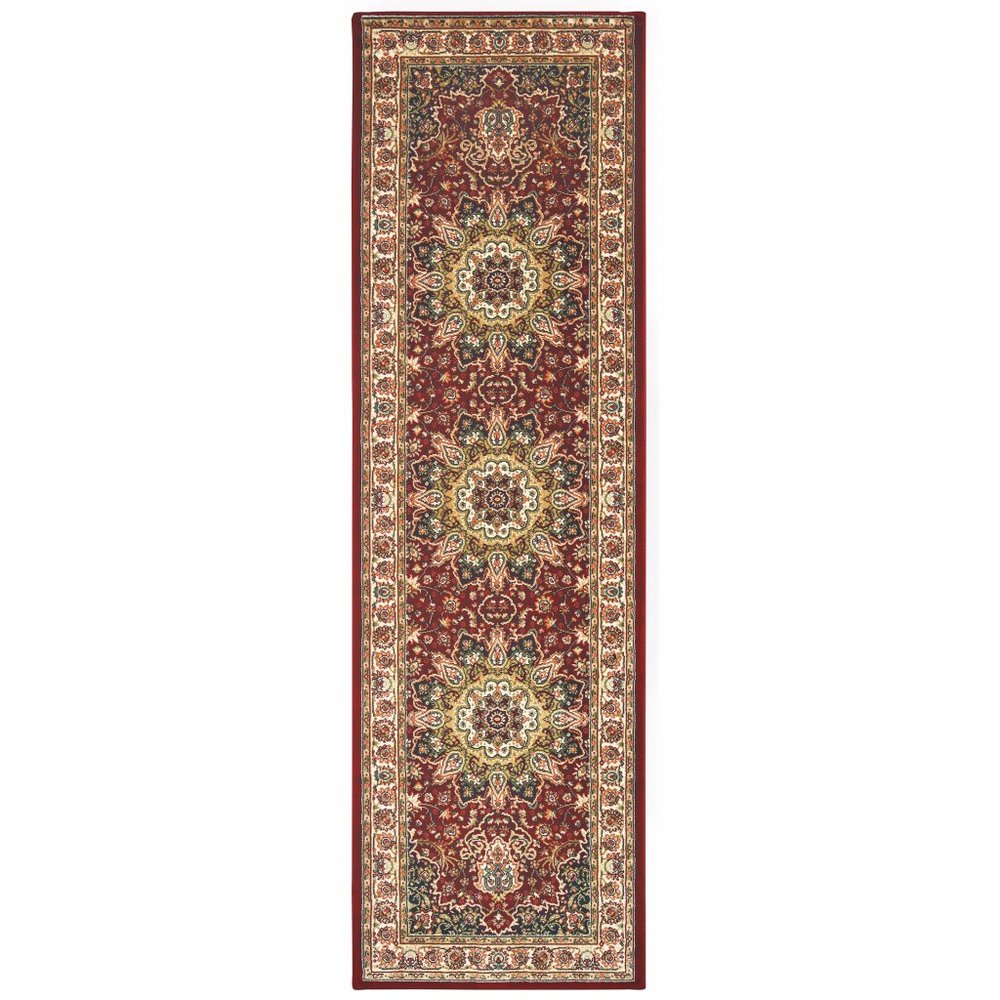 8' Red And Ivory Runner Rug