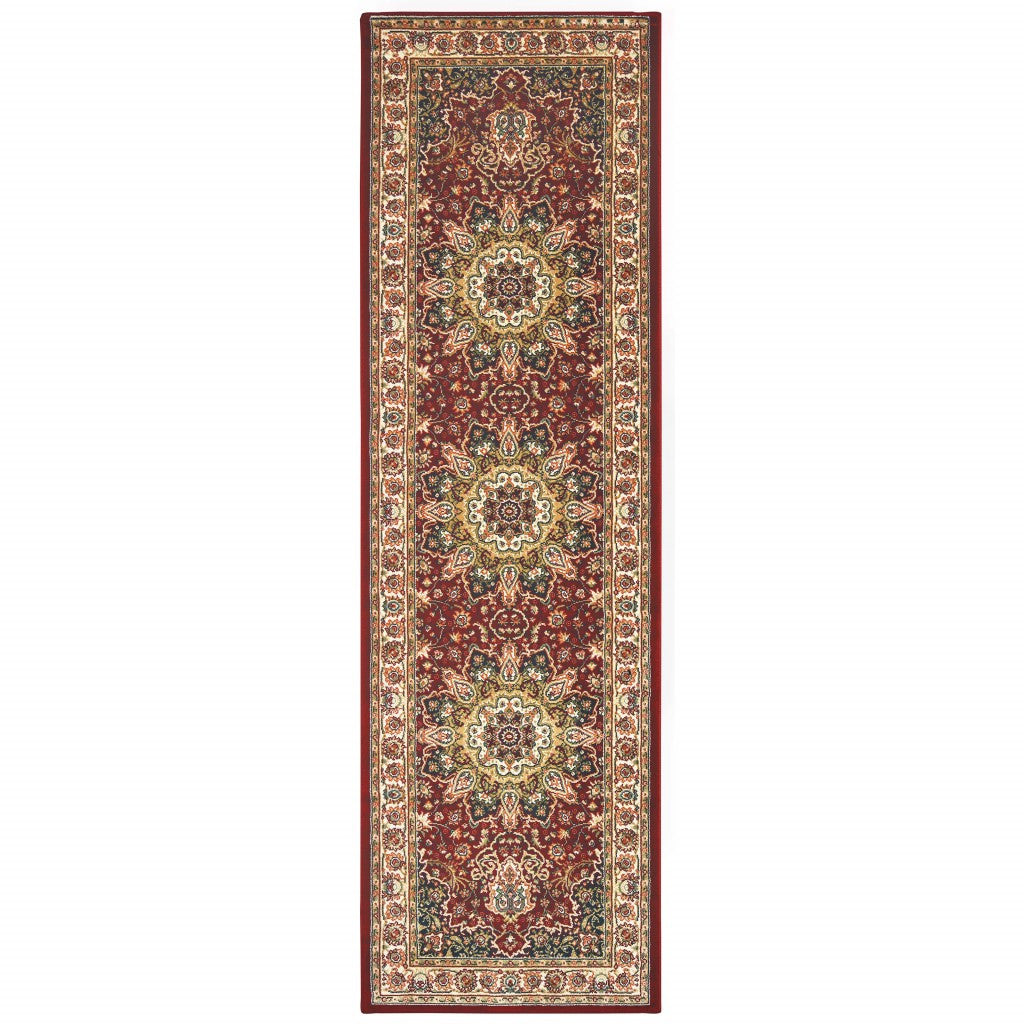 8' Red Ivory Machine Woven Oriental Indoor Runner Rug