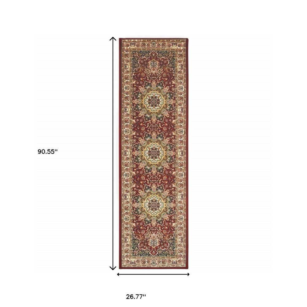 8' Red And Ivory Runner Rug