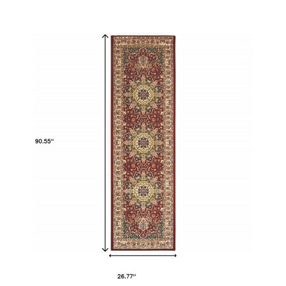 8' Red And Ivory Runner Rug