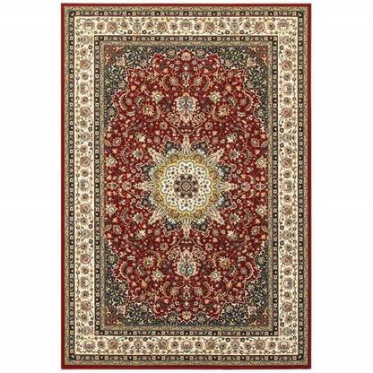 5' X 8' Red And Ivory Floral Medallion Area Rug