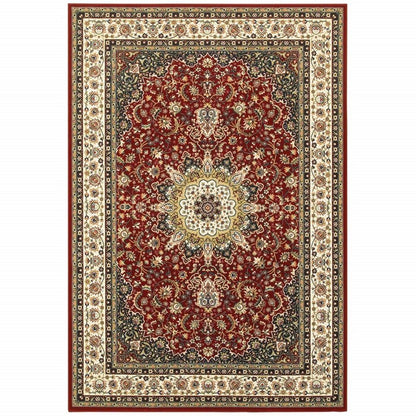 5' X 8' Red And Ivory Floral Medallion Area Rug